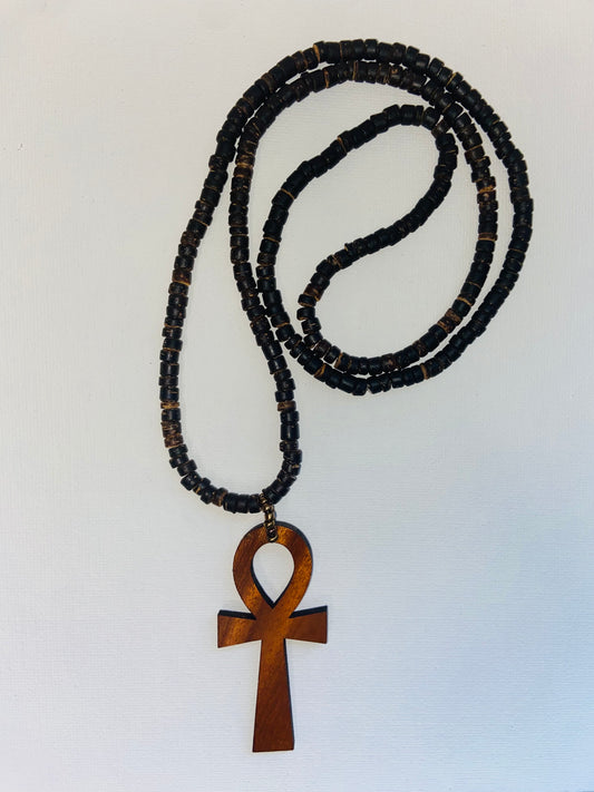 Wood Ankh Necklace with Brown Beads