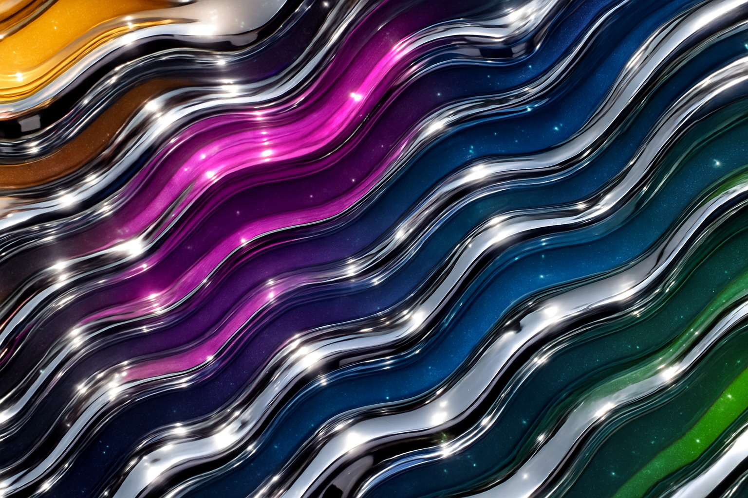 Colorful gradient background with chrome metallic elements, waves and sparks